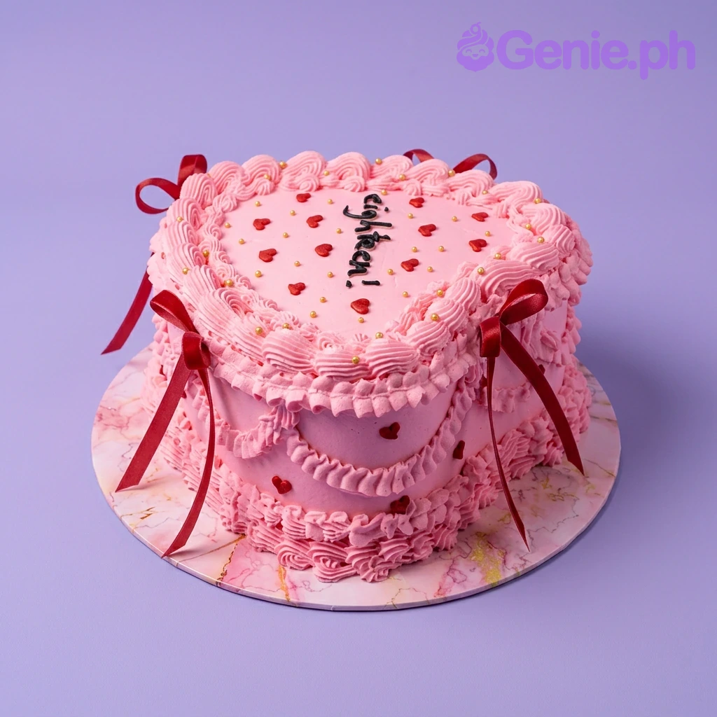 A pink heart-shaped 1-tier cake themed vintage, featuring piped ruffles, red bows, and 'eighteen!' in black icing.