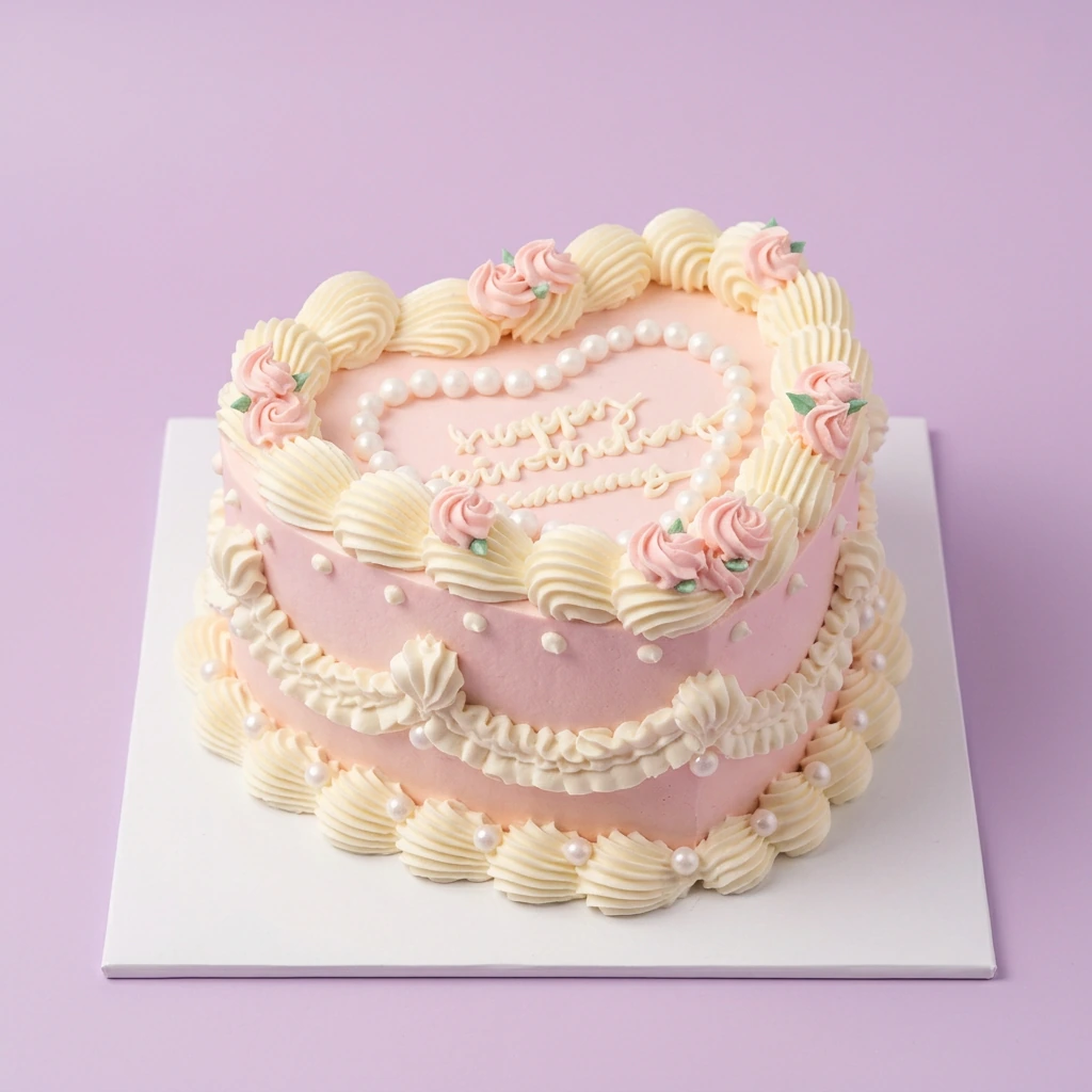 A pink and white 1-tier heart cake themed Vintage, featuring pink rosettes, white icing ruffles, and an edible pearl heart border.
