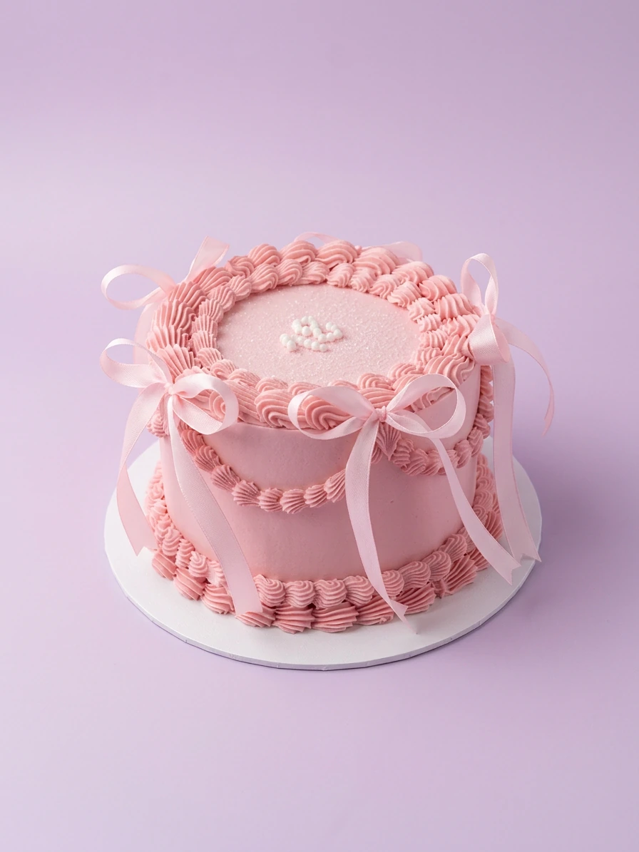 Pink minimalist vintage cake with intricate icing ruffles, satin ribbons, and a glittery number 18 topper.