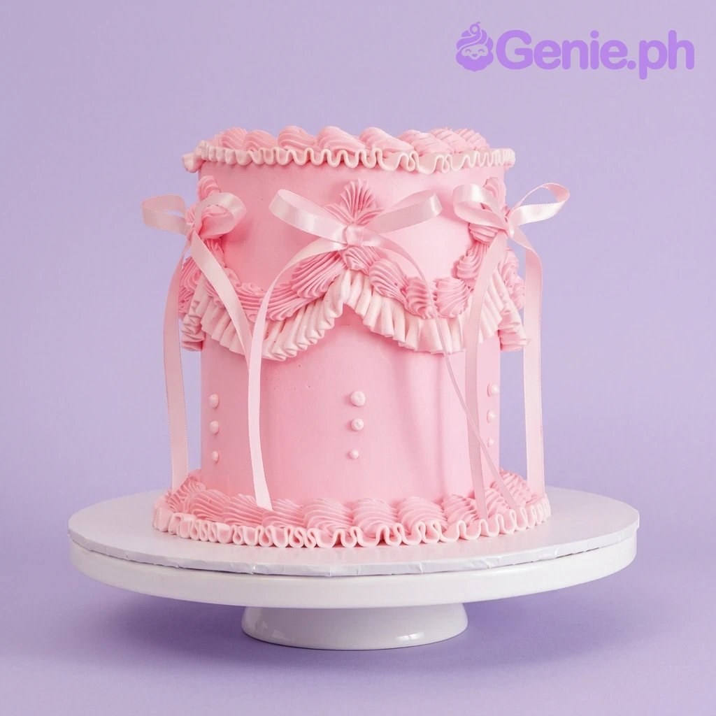 A pink 1-tier cake themed around Pink Vintage, featuring intricate icing ruffles, piped borders, and light pink satin ribbons.