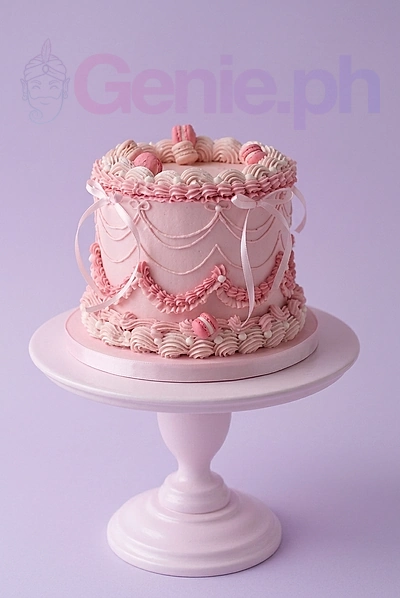 Elegant pink vintage-style cake with intricate piped ruffles, swags, and pink macarons on a matching pink cake stand.