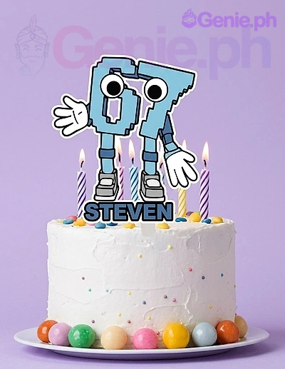 Pixel Number 67 White Birthday Cake A white 1-tier Pixel Number 67 cake featuring a pixelated 67 character topper, colorful spiral candles, sprinkles, and 'STEVEN'.