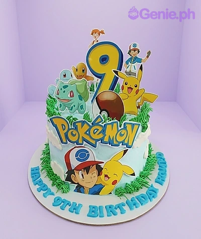 Pokemon-Inspired 9th Birthday Teal Cake Pokemon 9th birthday 1 Tier - blue, yellow, green theme with number 9 with blue outline and yellow fill and green leaves/f...