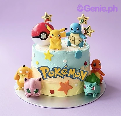A white 1 tier cake featuring Pikachu, Squirtle, Pokeball, Psyduck, Jigglypuff, Charmander, and Bulbasaur figures, along with a Pokemon logo and edible star decorations.