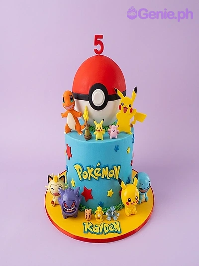 A light blue 1 tier cake featuring edible fondant Pokemon characters, a large Pokeball, and yellow and red star decorations.