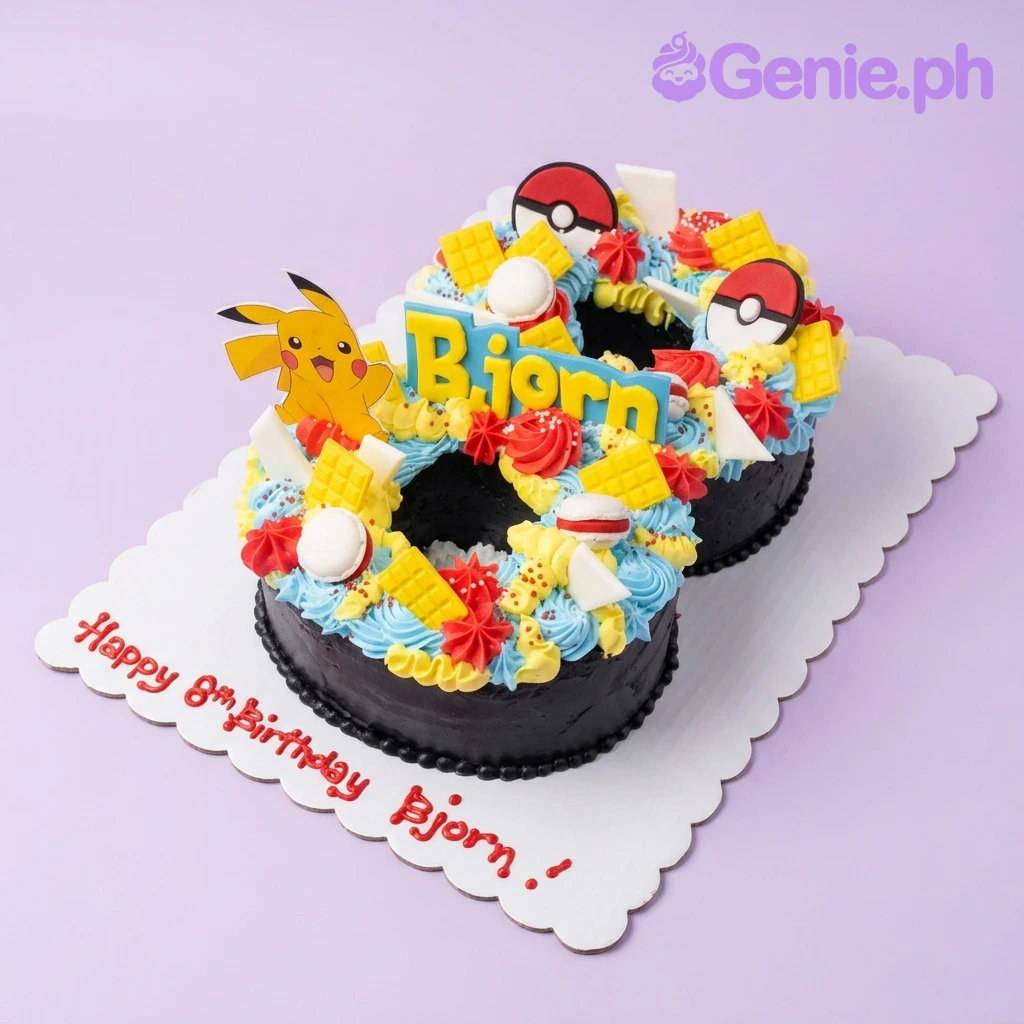 A blue, yellow, red, and black Number 8 shaped Pokemon cake, featuring Pikachu and Pokeball toppers, with icing rosettes and text.