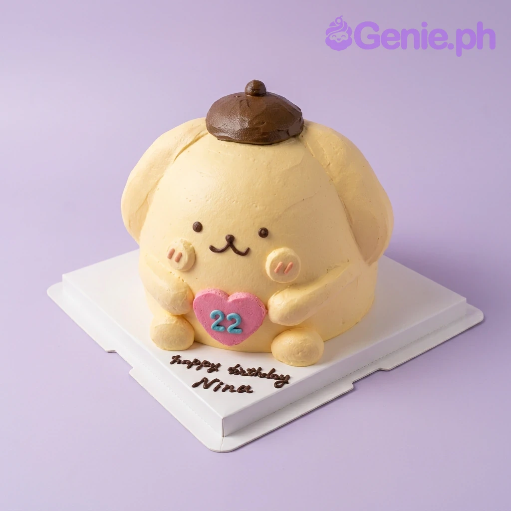 Pompompurin-Inspired Ivory Heart Birthday Cake A yellow 1-tier cake themed around Pompompurin, featuring an edible character with a brown hat and a pink heart displaying the number 22.