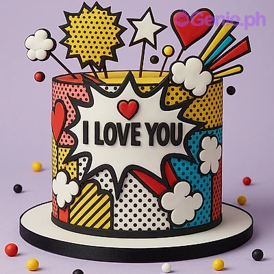 Pop Art Comic Heart Cake White single tier cake with pop art comic book design featuring I Love You message and colorful gumpaste toppers