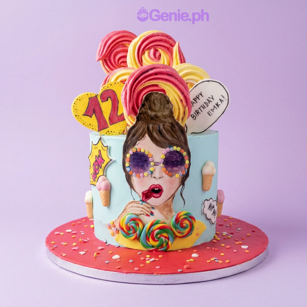 Pop Art Girl Sky Blue Heart Birthday Cake Light blue single tier cake with a large printout of a woman wearing sunglasses and colorful meringue pops on top