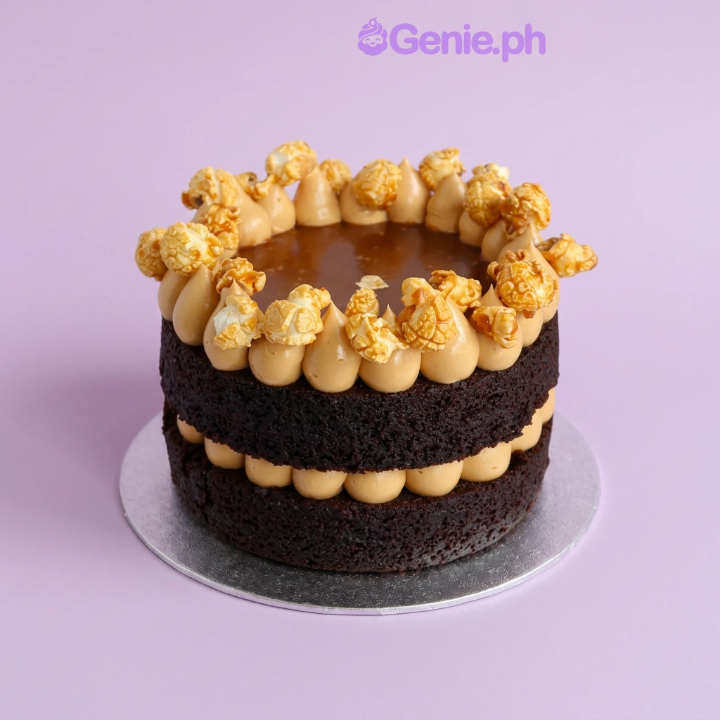 Popcorn Brown Cake Chocolate naked cake with caramel icing dollops and caramel popcorn toppings on a white cake stand