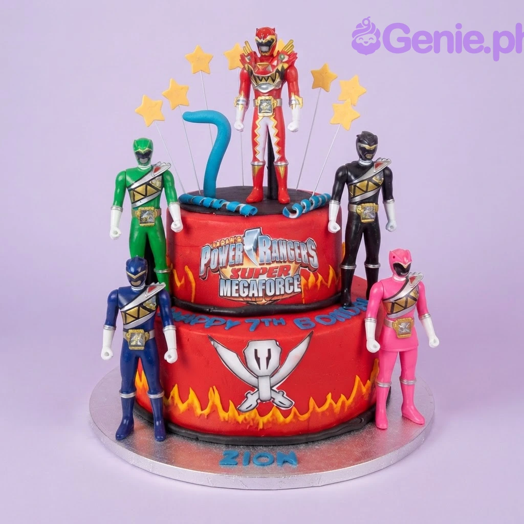 A red 2-tier fondant cake themed around Power Rangers, featuring Rangers, Super Megaforce logo, yellow stars, and a blue number 7.