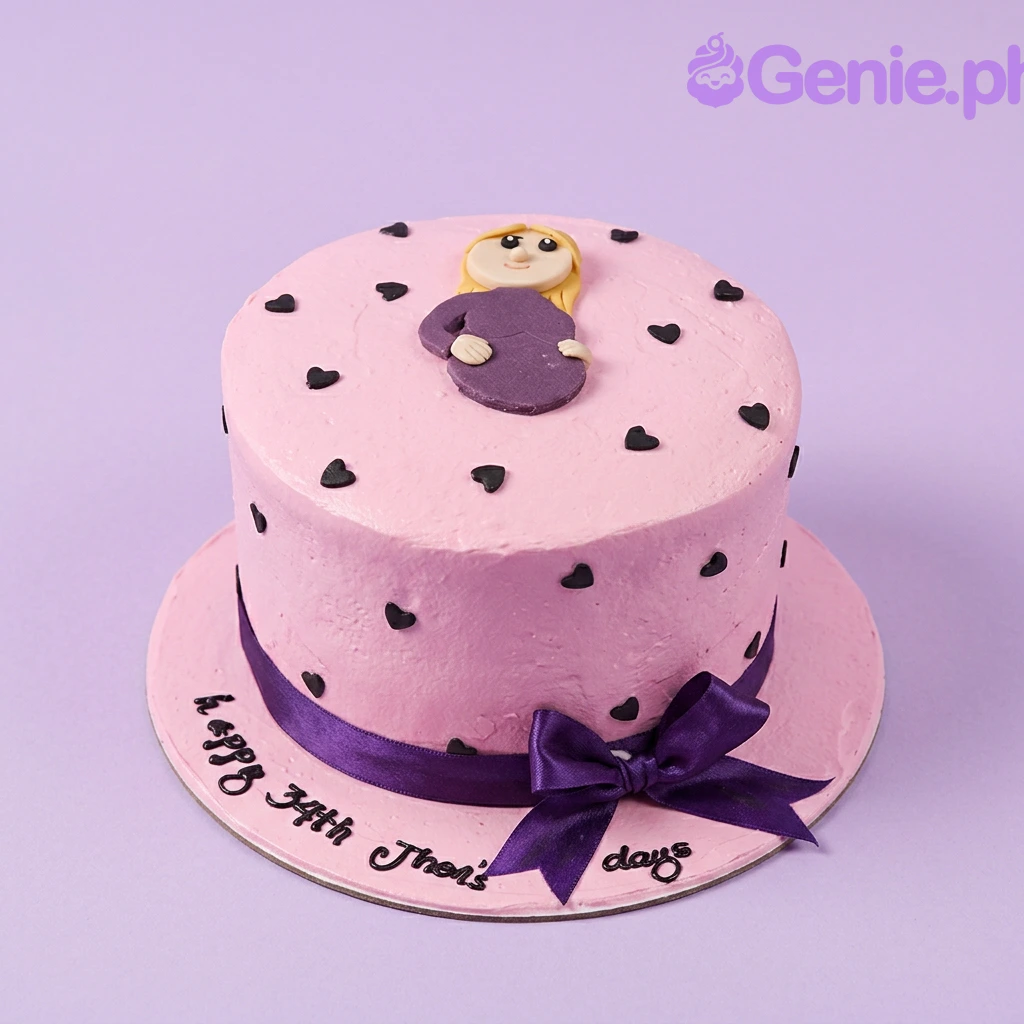 Pregnant Woman Pink Cake A pink 1 Tier round cake themed around a Pregnant Woman, featuring a fondant woman, black hearts, purple ribbon, and black text.