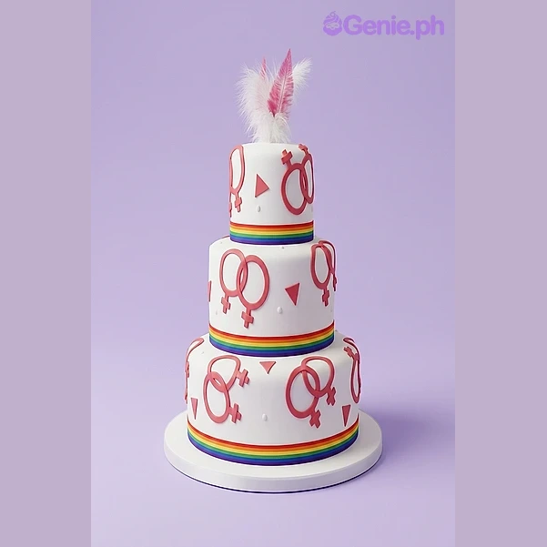 Pride White 3-Tier Cake White 3-tier fondant cake with pink and white feather topper and red gender symbol decorations