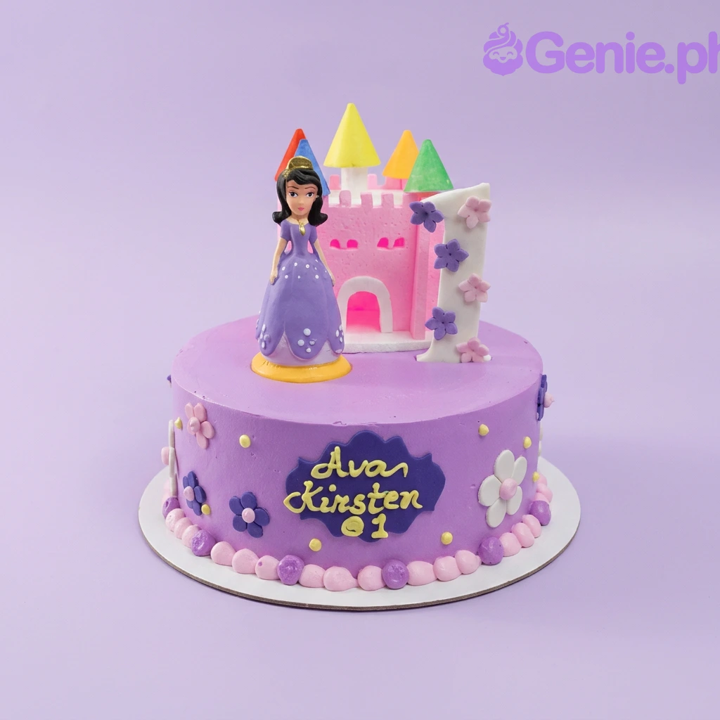 Princess Castle Purple Floral Birthday Cake A purple 1-tier Princess Castle cake featuring a princess figure, pink castle, number one topper, and floral and rosette accents.