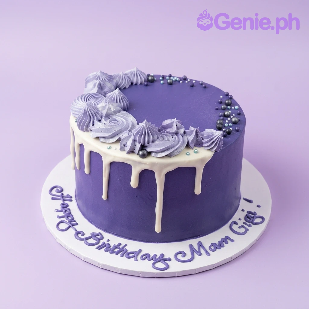 Purple Birthday Drip Cake Purple 1-tier birthday cake with white chocolate drip, lavender icing rosettes, and dark blue sprinkles.