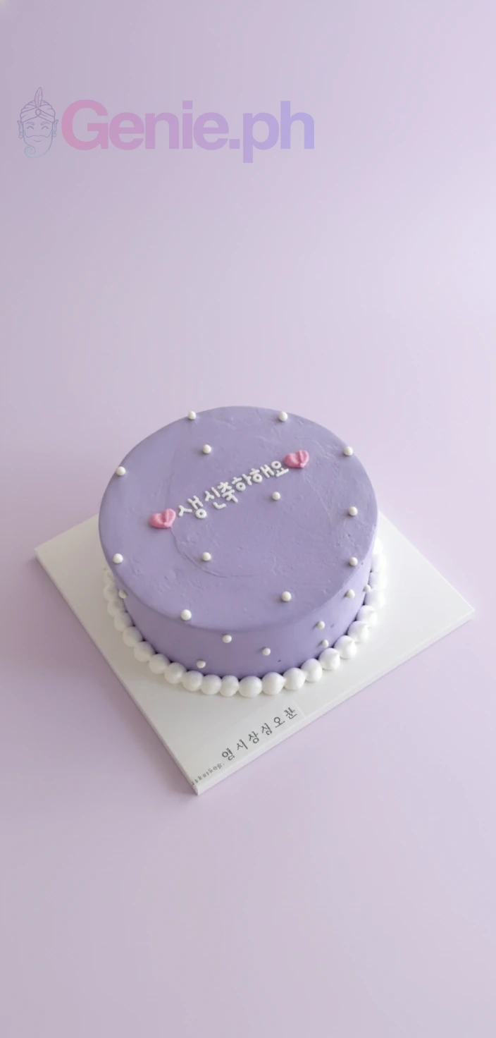 Minimalist purple Korean letter cake with white icing dots and pink heart accents.
