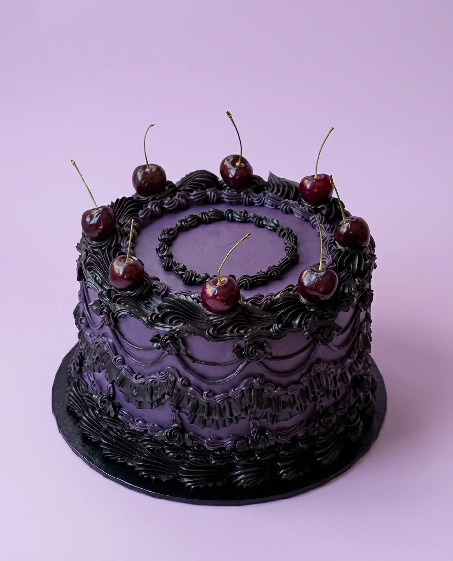 Vintage style purple cake with black piped icing ruffles and fresh cherries on top.