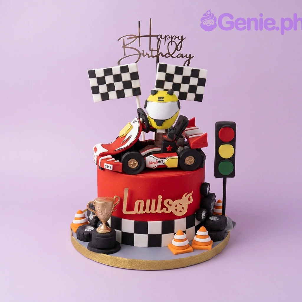 Race Car Red Birthday Cake Red fondant race car cake with a go-kart topper, checkered flags, traffic light, and gold name plaque.