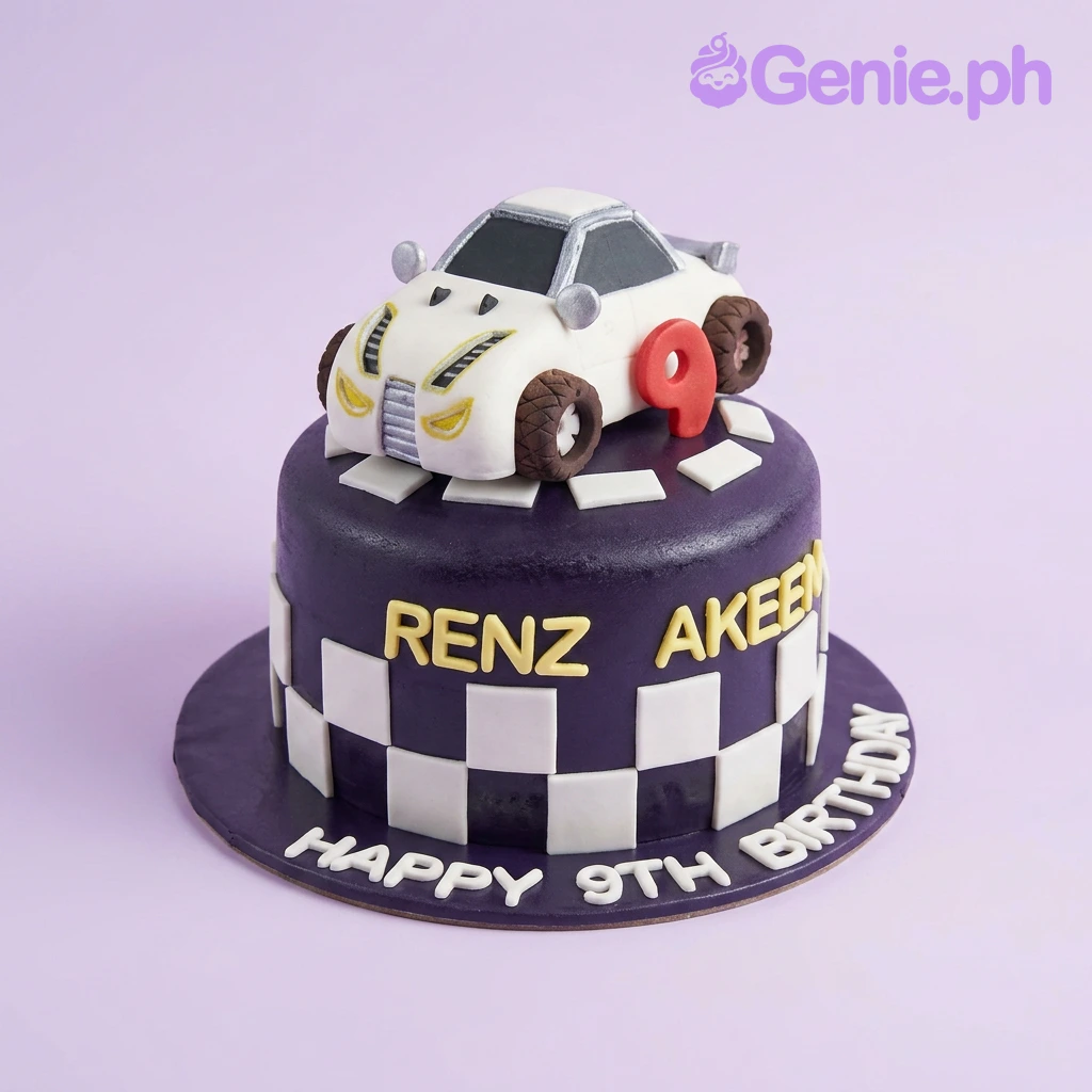 Racing Car Black Cake A black 1 Tier Fondant Racing Car cake, featuring a 3D white sports car with a red number nine, checkered flag pattern, and yellow name letters.