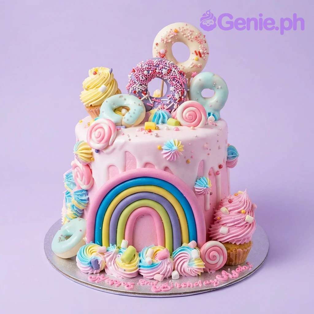 Rainbow Candy Land Pink Drip Birthday Cake A pink and multi-colored 1-tier cake themed around Rainbow Candy Land, featuring a fondant rainbow, donuts, cupcakes, and icing swirls.