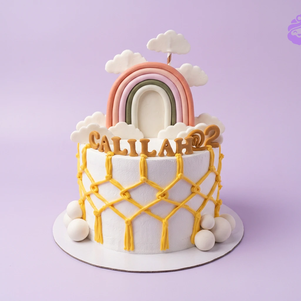 A white 1-tier cake themed Rainbow Macrame, featuring a multi-colored fondant rainbow, white clouds, yellow macrame-style piping, and golden 'CALILAH @ 2' lettering.