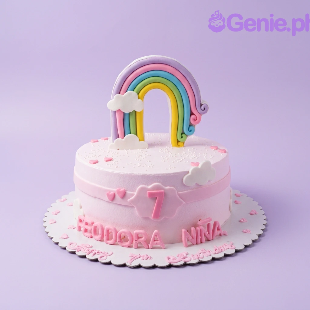 Rainbow Pink Birthday Cake A pink 1-tier cake themed Rainbow, featuring a rainbow, pink number 7, white clouds, and pink hearts.