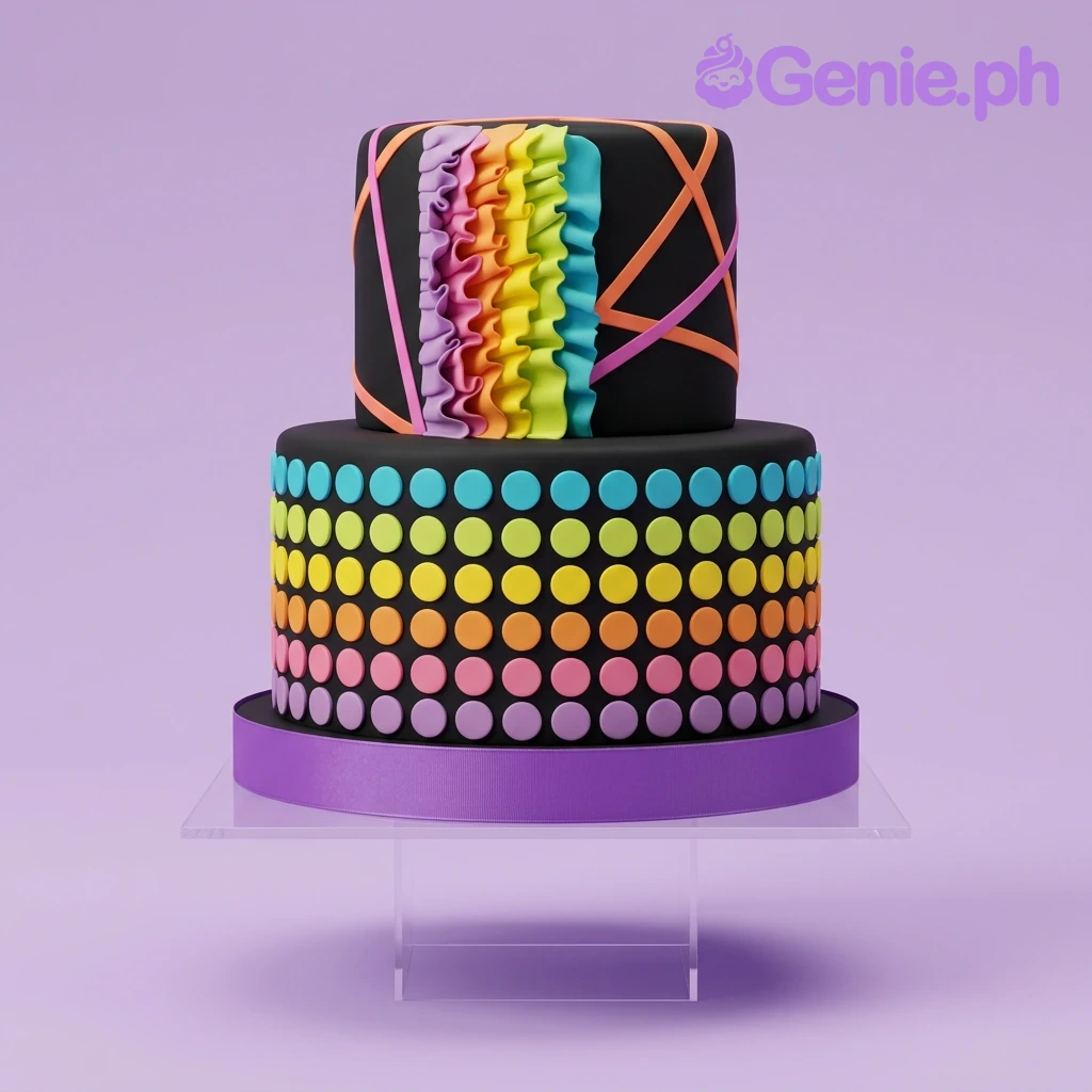 Rainbow Polka Dot Black 2-Tier Cake A black two-tier fondant cake with vertical rainbow ruffles and a multi-colored polka dot pattern.
