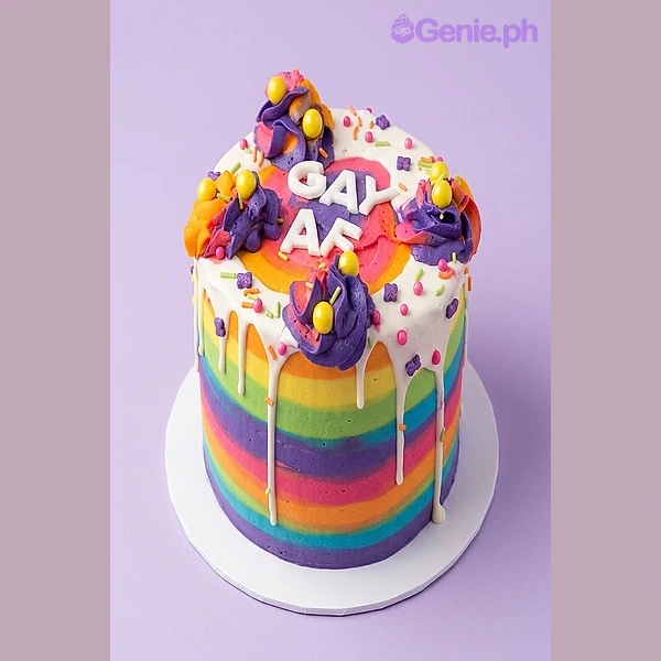 Rainbow Pride Drip Birthday Cake Rainbow striped 1-tier cake with white drip, purple icing rosettes, and white GAY AF message