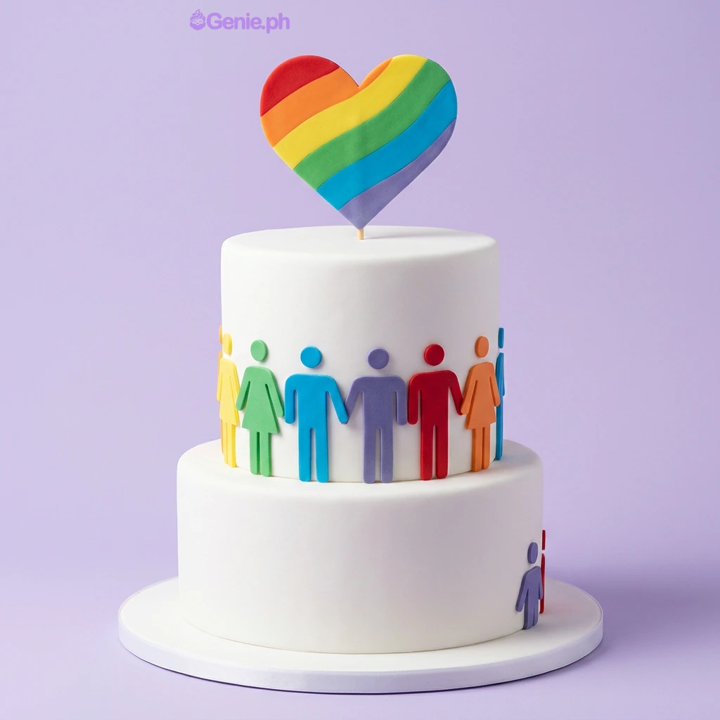 Rainbow Pride White Heart 2-Tier Birthday Cake White 2-tier fondant cake with rainbow heart topper and colorful stick figure cutouts