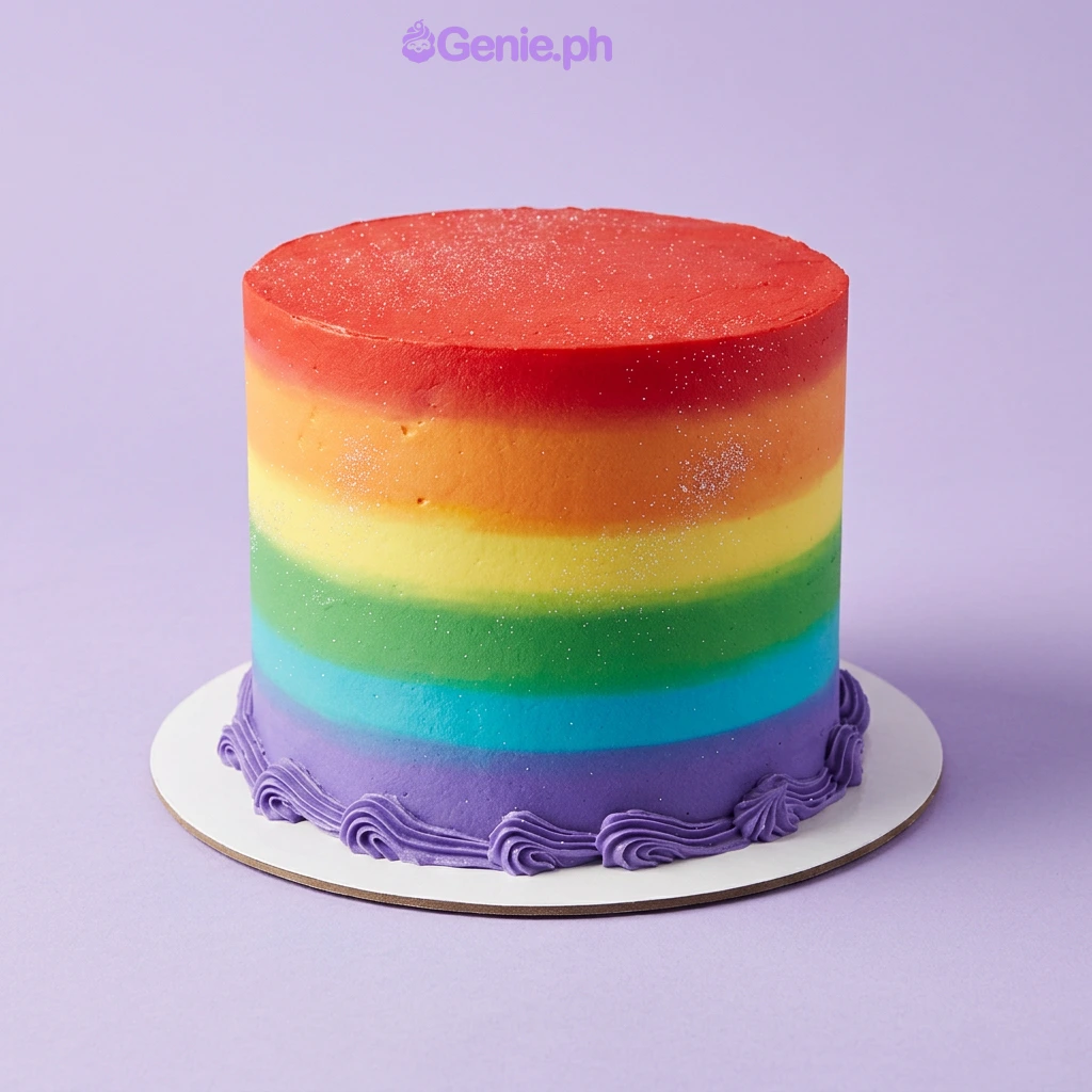 Rainbow Red Birthday Cake Rainbow cake design — 1 layer soft icing cake in red — with piped purple shell border