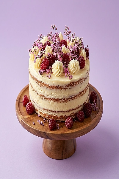 Naked cake with white soft icing, topped with fresh raspberries, pink filler flowers, and piped cream rosettes on a wooden stand.