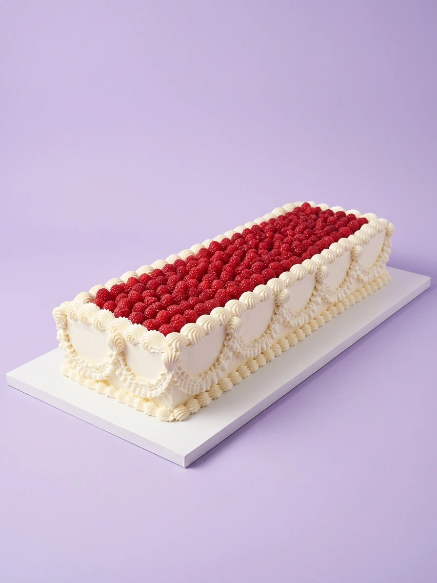 Long rectangular white cake with vintage-style piped icing borders and a dense topping of fresh red raspberries.