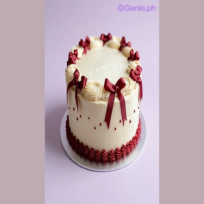 Red Bow Ivory Cake Ivory round cake with soft icing, dark red satin bows, piped icing rosettes, and a dark red piped shell base border