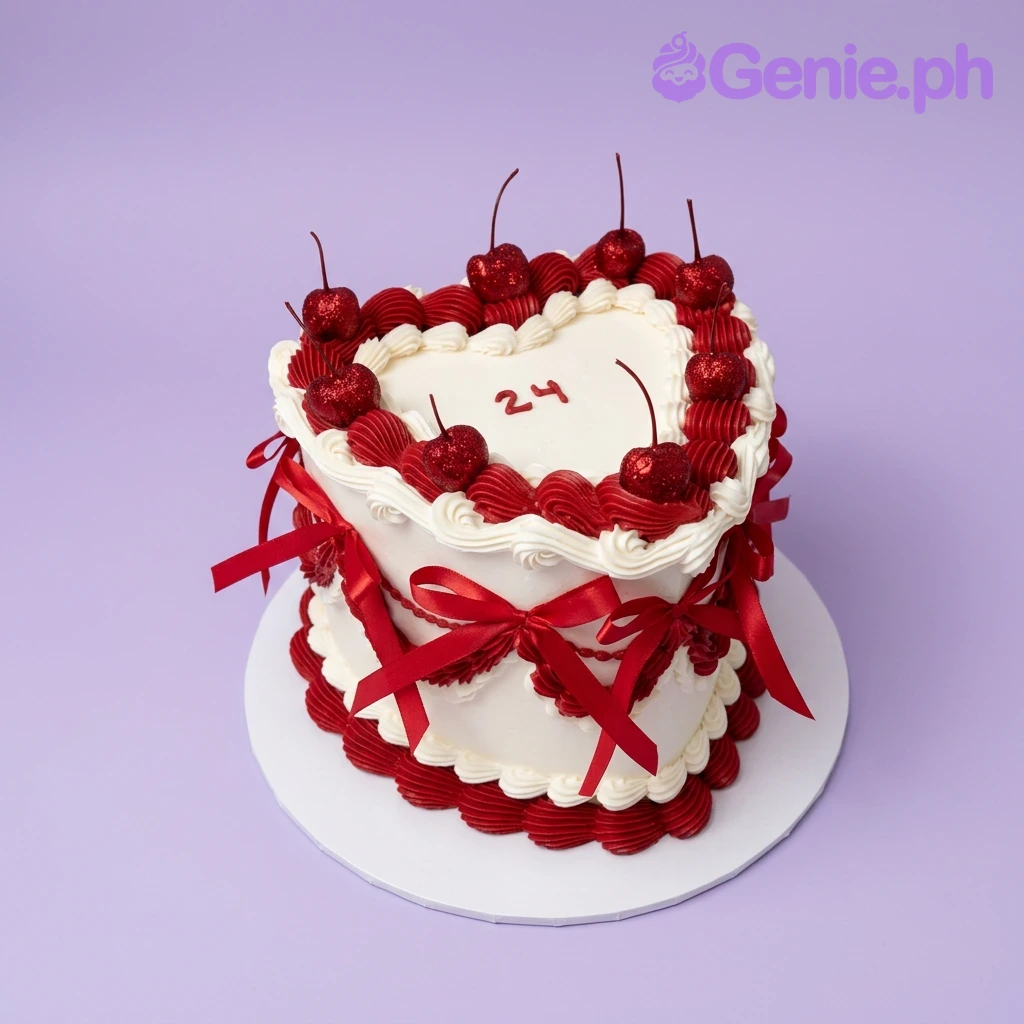 Red Heart White Birthday Cake A white and red 1-tier heart-shaped cake for a 24th birthday, featuring red glitter cherries, red icing ruffles, and red satin bows.