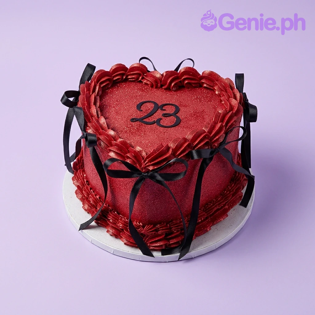 A dark red heart-shaped 1-tier cake with black number 23 topper, black satin ribbons, and ruffled borders.