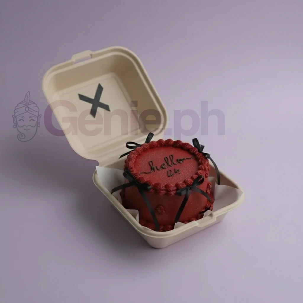 Dark red minimalist bento cake with black piped icing text and small black satin bows in a clamshell box.