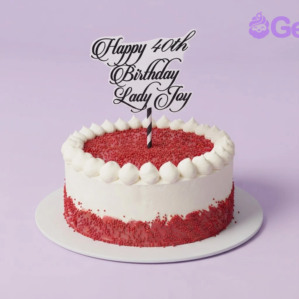 Red Minimalist White Birthday Cake A white, red, and black 1-tier cake for a 40th Birthday, featuring a 'Happy 40th Birthday Lady Joy' topper and red sprinkles.