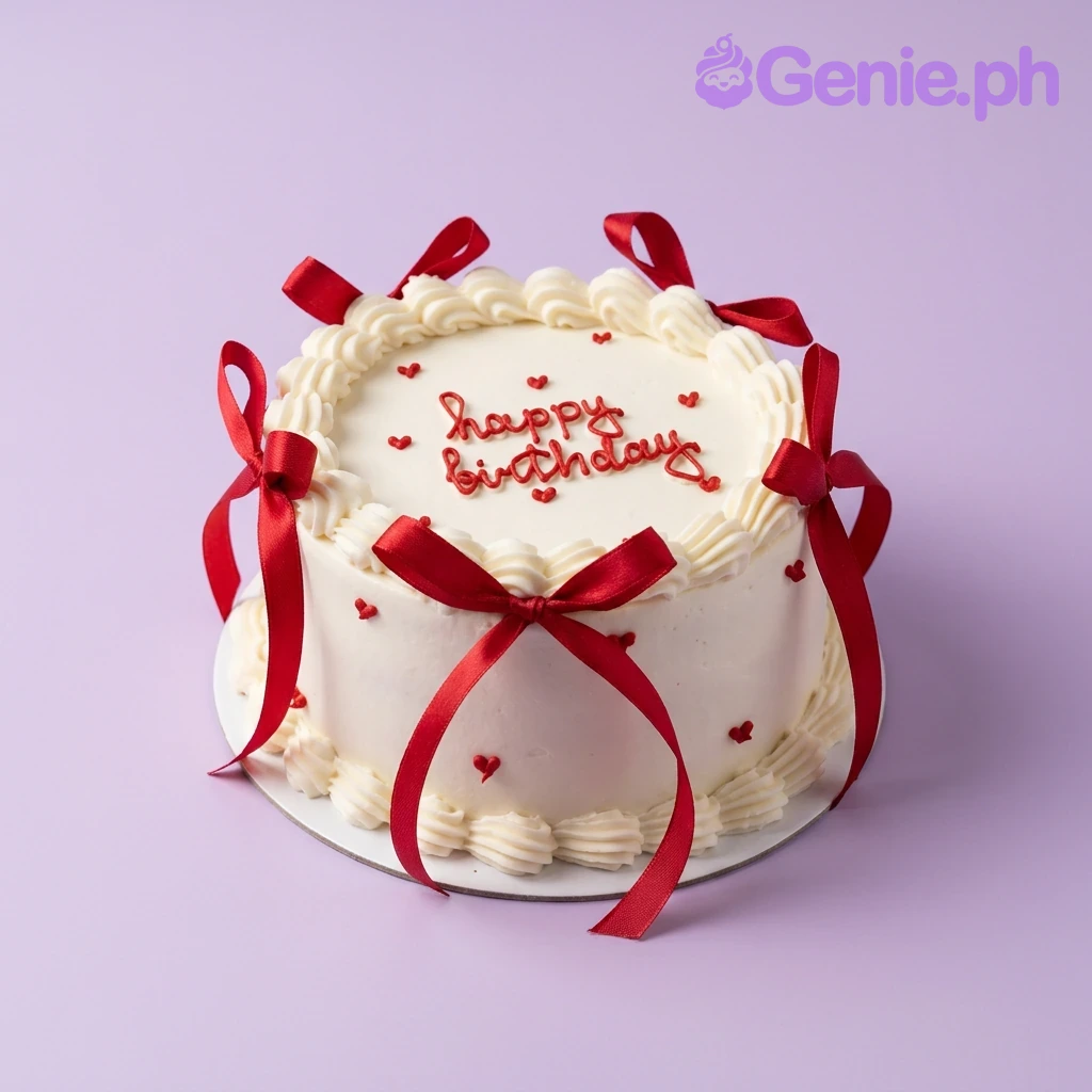 Red Minimalist White Birthday Cake A white and red 1 Tier Minimalist Birthday cake, featuring red birthday text, red ribbon bows, and red icing hearts.