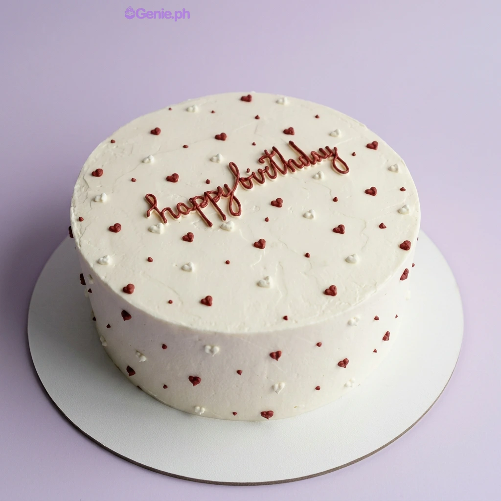 Red Minimalist White Heart Birthday Cake A white and red one-tier cake themed around Red Minimalist, featuring a "happy birthday" message and piped hearts.