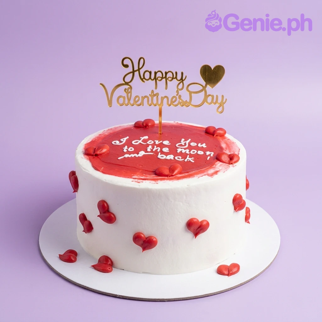 Red Minimalist White Heart Valentine Cake A white 1 Tier cake with red icing hearts, a red icing patch, and a gold 'Happy Valentine's Day' topper.