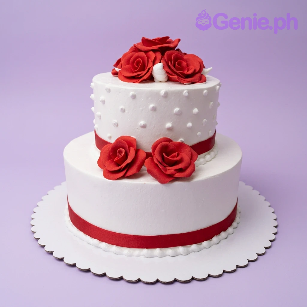 Red Rose White Floral 2-Tier Wedding Cake A white and red two-tier cake themed around Red Rose, featuring red fondant roses, white icing dots, red ribbons, and a white pearl border.