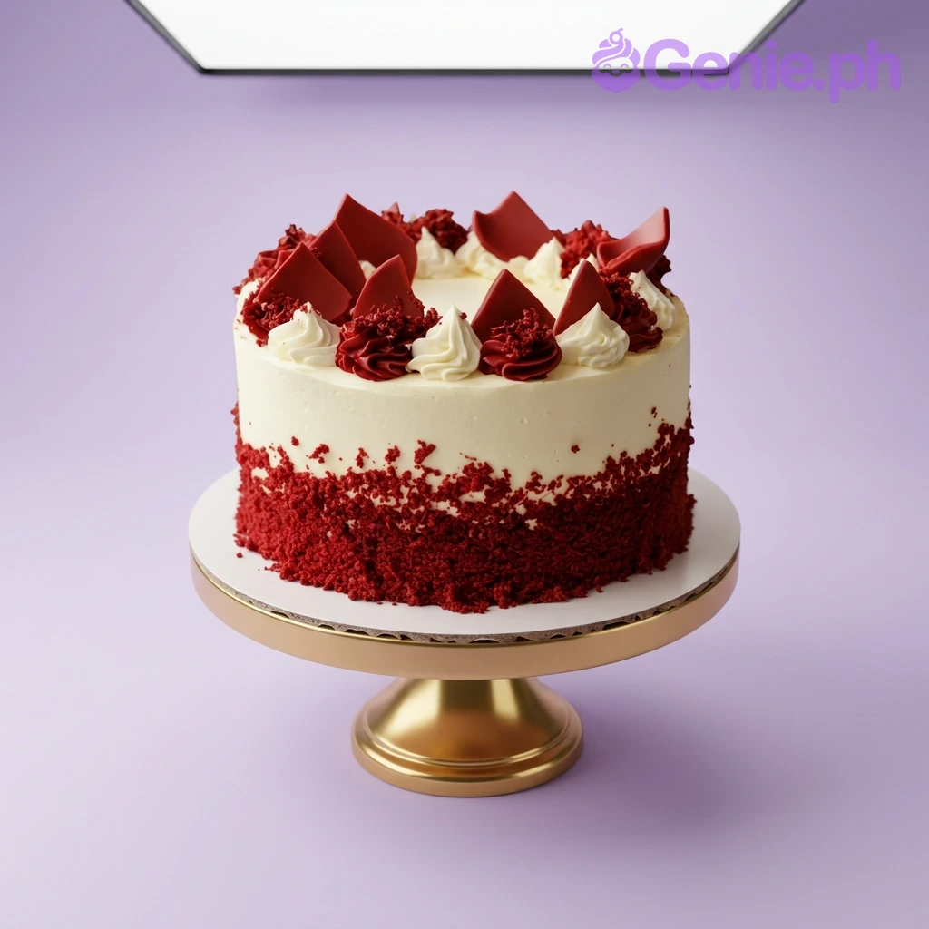 Red Velvet Minimalist White Birthday Cake Red Velvet cake with white cream icing, red velvet crumbs on the base, and red chocolate shards on top.