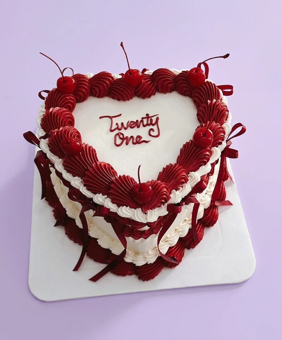 Heart-shaped white vintage cake with deep red piped icing ruffles, cherries, and red satin ribbons.