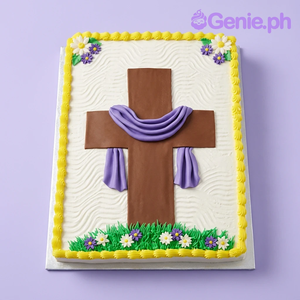 Religious Cross White Floral Rectangle Cake A white rectangular cake themed around Religious Cross, featuring a brown cross with purple cloth, green grass, and flowers.