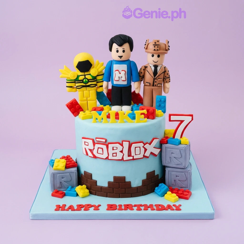 Roblox-Inspired Birthday Sky Blue Cake Light blue 1-tier cake with Roblox character figures, colorful lego brick accents, and a brick wall base border