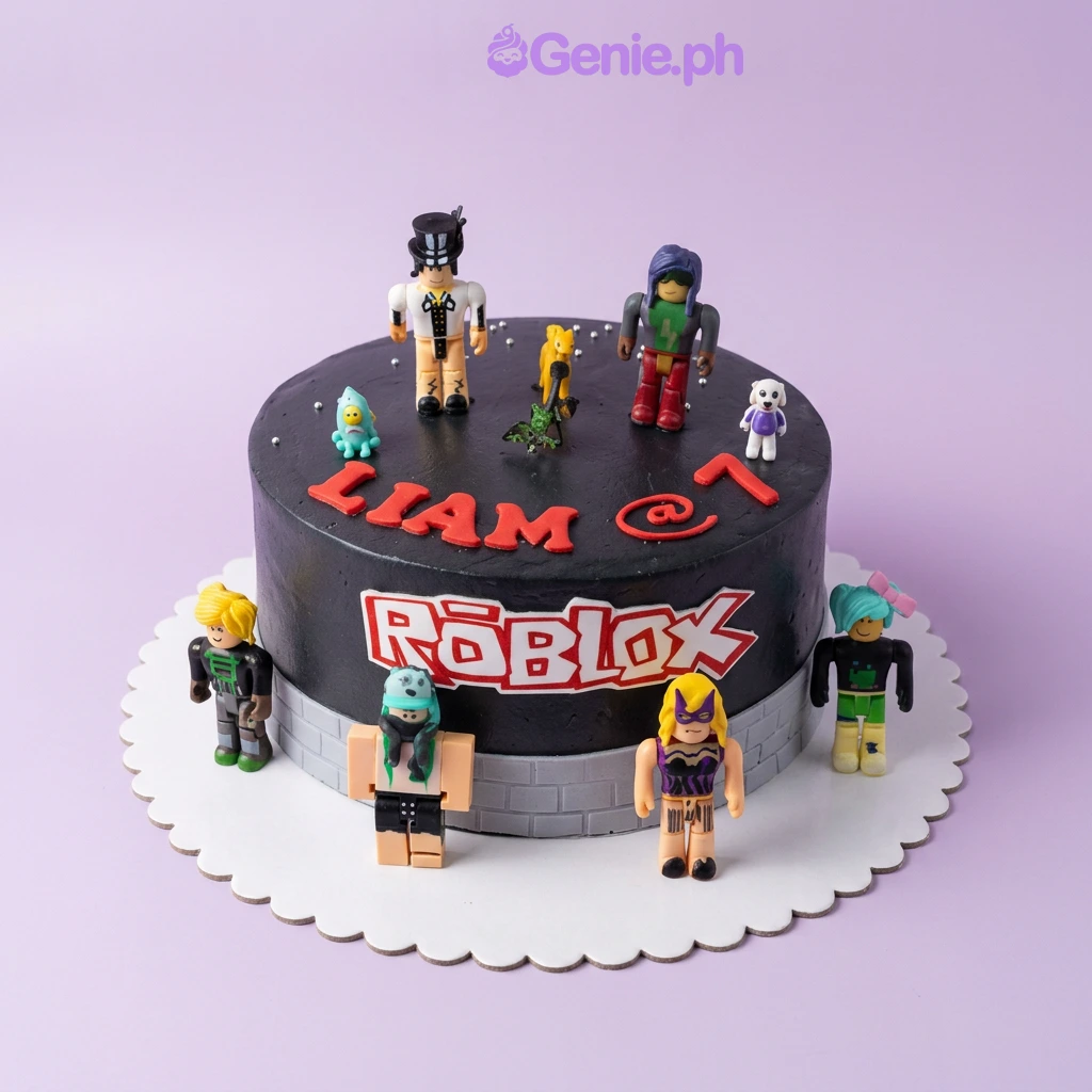 Roblox-Inspired Black Birthday Cake A black and red 1 Tier Roblox-themed cake, featuring Roblox figures, a logo, a grey brick panel, and 'LIAM @ 7' message.
