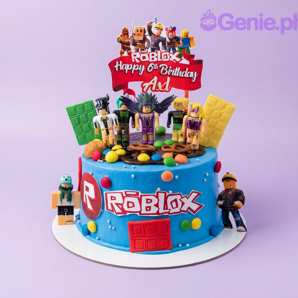 Roblox-Inspired Sky Blue Birthday Cake A blue 1-tier Roblox cake featuring character printouts, a logo, chocolate bars, and colorful candies.