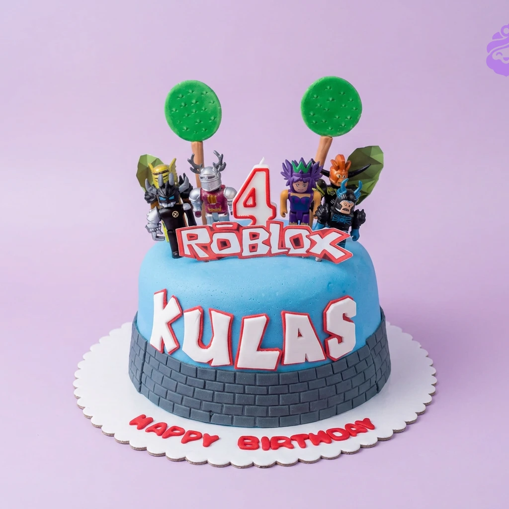 Roblox-Inspired Sky Blue Birthday Cake A blue Roblox themed 1 Tier Fondant cake, featuring character figurines, a red number 4 candle, and a brick wall pattern.