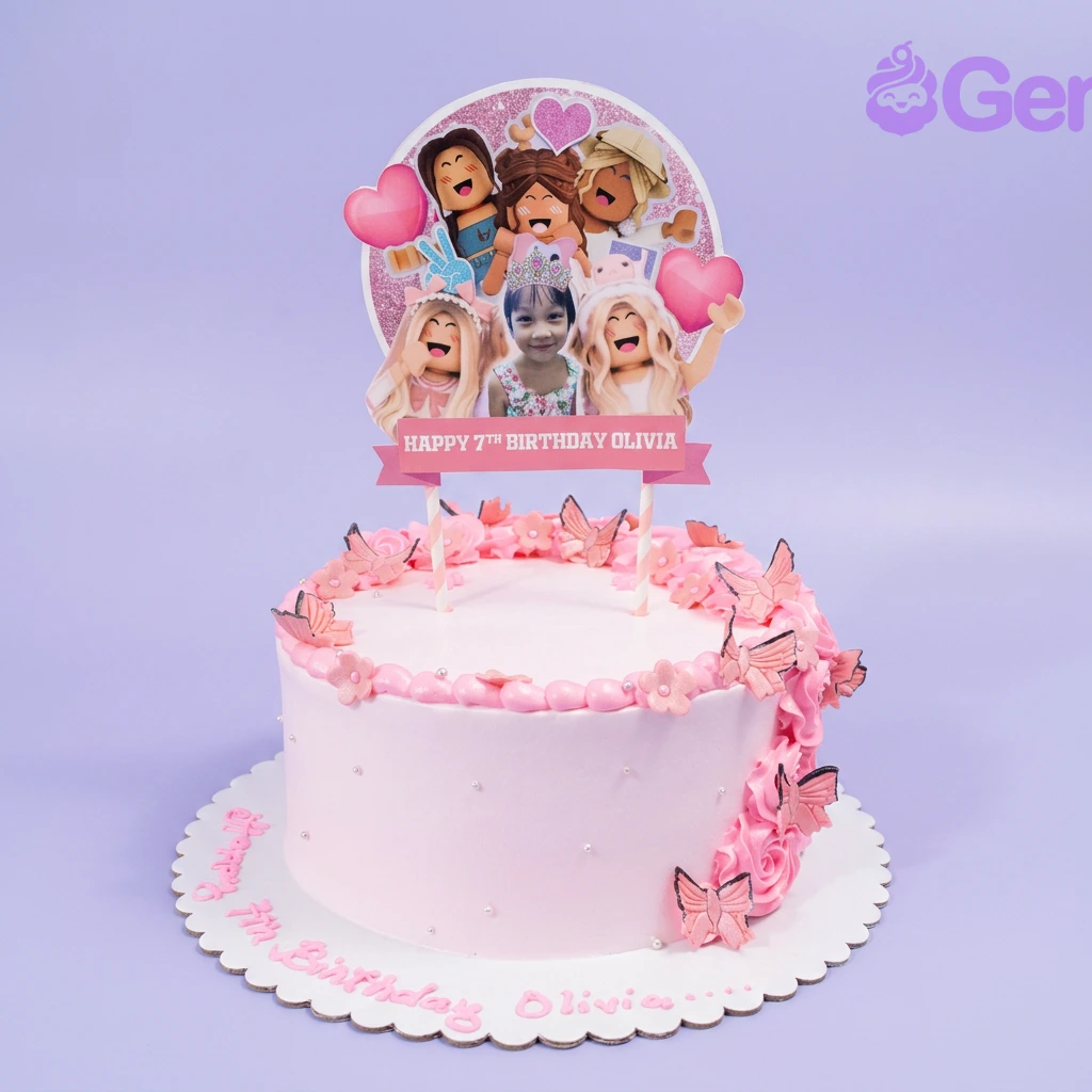 Roblox-Inspired Pink Butterfly Birthday Cake A pink and white 1-tier cake themed around Roblox, featuring a large character and photo collage printout, pink icing rosettes, butterfly cutouts, fondant flowers, and silver pearls.