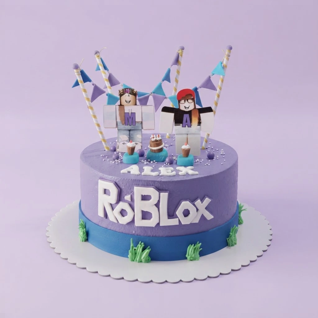 Roblox-Inspired Sky Blue Birthday Cake A multi-colored 1-tier cake themed around Roblox, featuring character standees, bunting flags, and 'ALEX' and 'ROBLOX' letters.